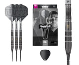 90 percent tungsten steel tip darts set showing three assembled darts, close-up of precision barrel grips, packaging, and spare flight on white background