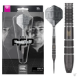 Steel tip tungsten dart in packaging, full barrel view, and close-up grip texture with gold detail for dart players
