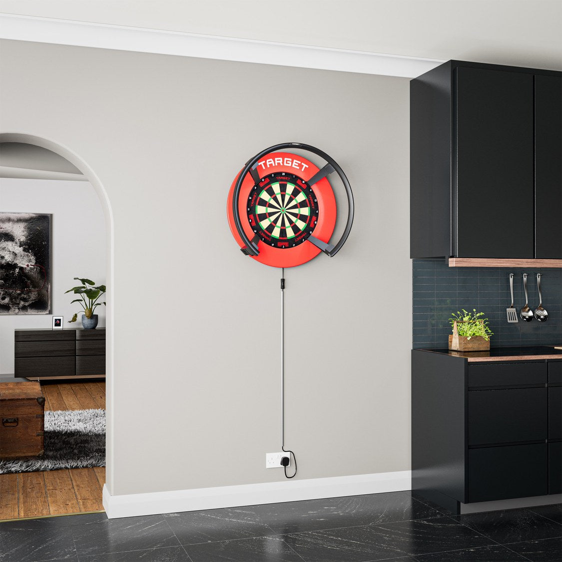 Target Notched Surround in red in a home darts setup