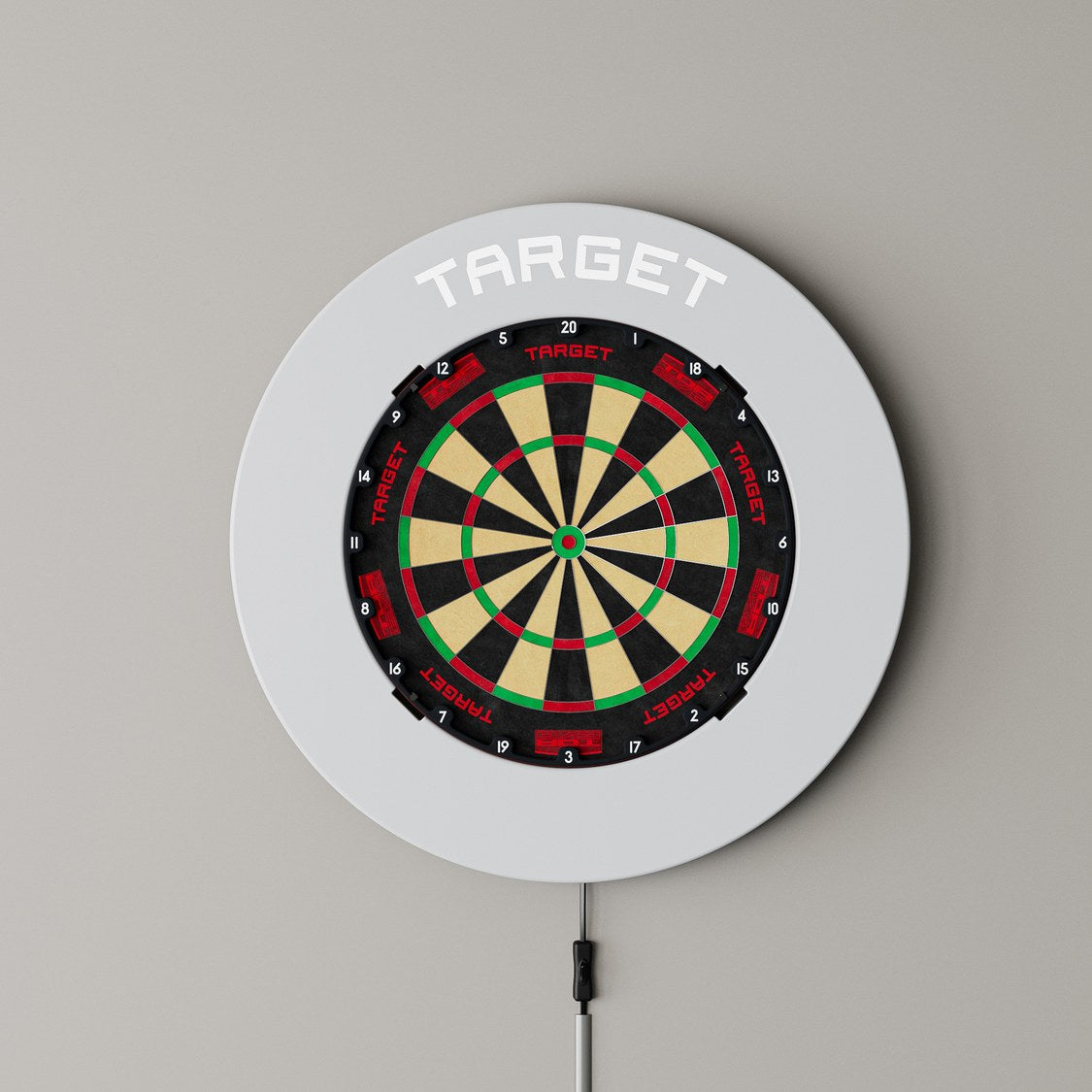 Target Notched Surround in grey mounted on a wall with a dartboard