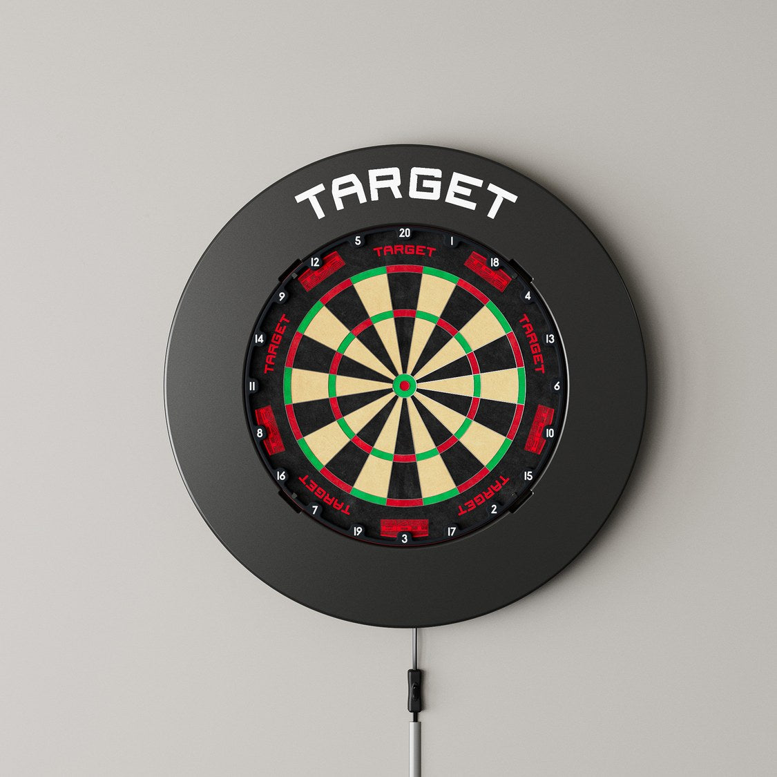 Target Notched Surround in black mounted on a wall with a dartboard