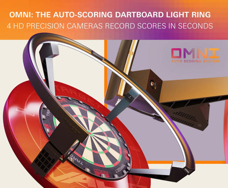 Angled view of auto-scoring dartboard light ring with four camera units mounted over a standard dartboard for precision darts scoring