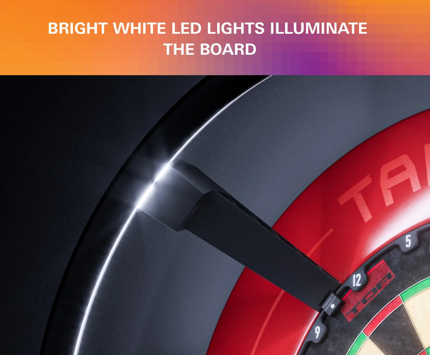 Angled close-up of auto-scoring dartboard system LED lighting arm illuminating board segments, highlighting bright white darts LED feature