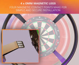 Auto scoring dartboard light ring with four magnetic legs installed, close-up inset showing magnetic contact for easy setup