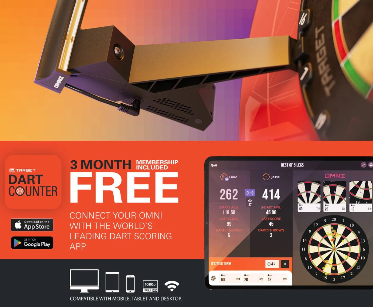 Angled close-up of auto scoring dartboard light in use with digital scoring app preview and free membership promotion for darts players