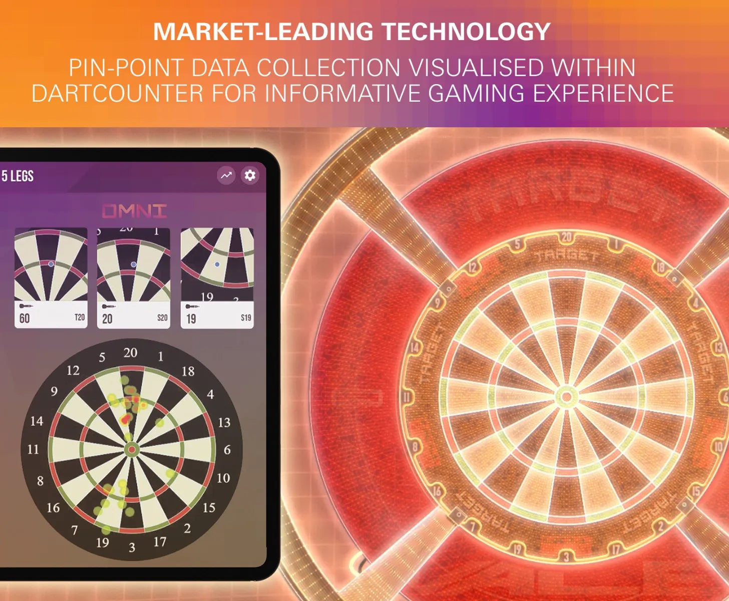 Top-down view of illuminated electronic dartboard and tablet displaying dart auto scoring system with heatmap analytics