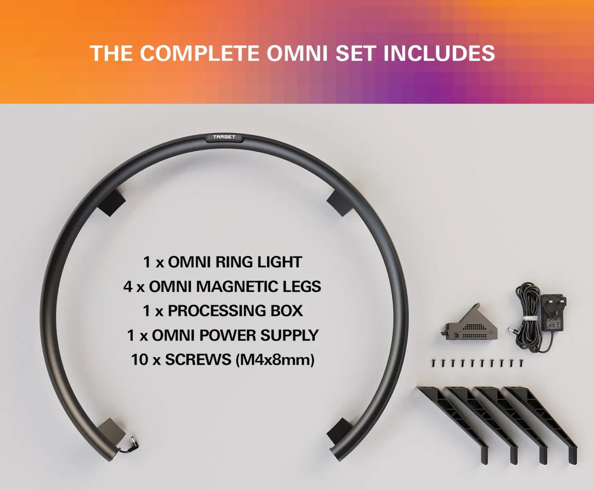 Top-down view of Omni auto-scoring dartboard system kit with ring light, magnetic legs, power supply, processing box, and screws displayed