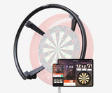 Auto scoring dartboard light ring system shown with electronic scoring display on phone and tablet, isolated on white background