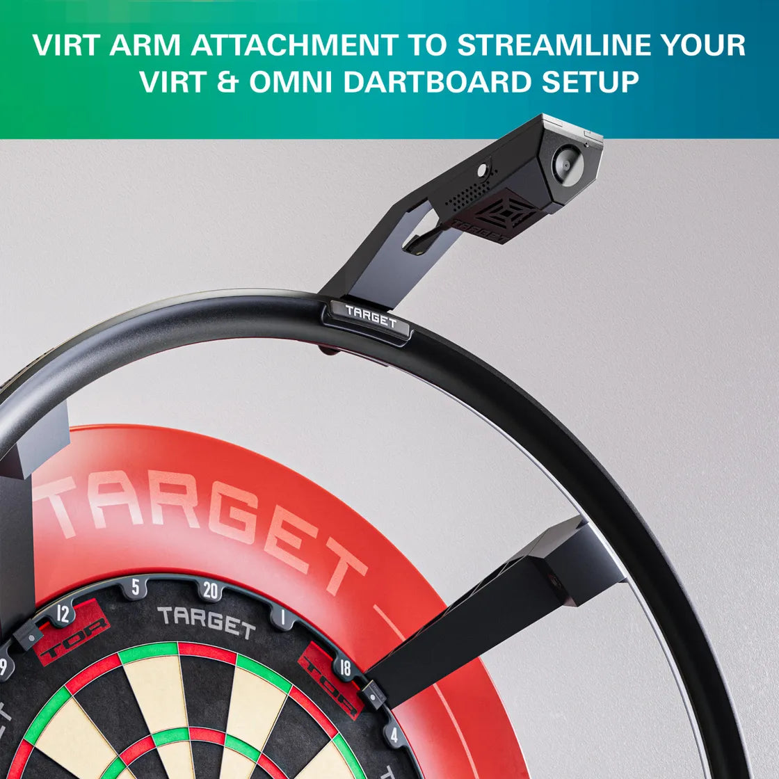 Angled view of omni virt arm mounted above dartboard, highlighting device integration and setup for advanced home dart equipment