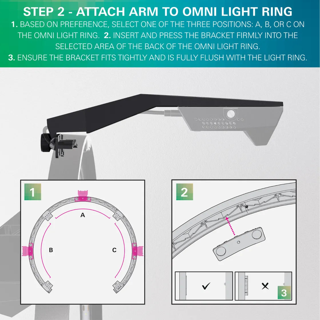 Angled instructional view of Omni Virt Arm attaching to dartboard light ring, showing mounting positions and bracket installation guides for setup.