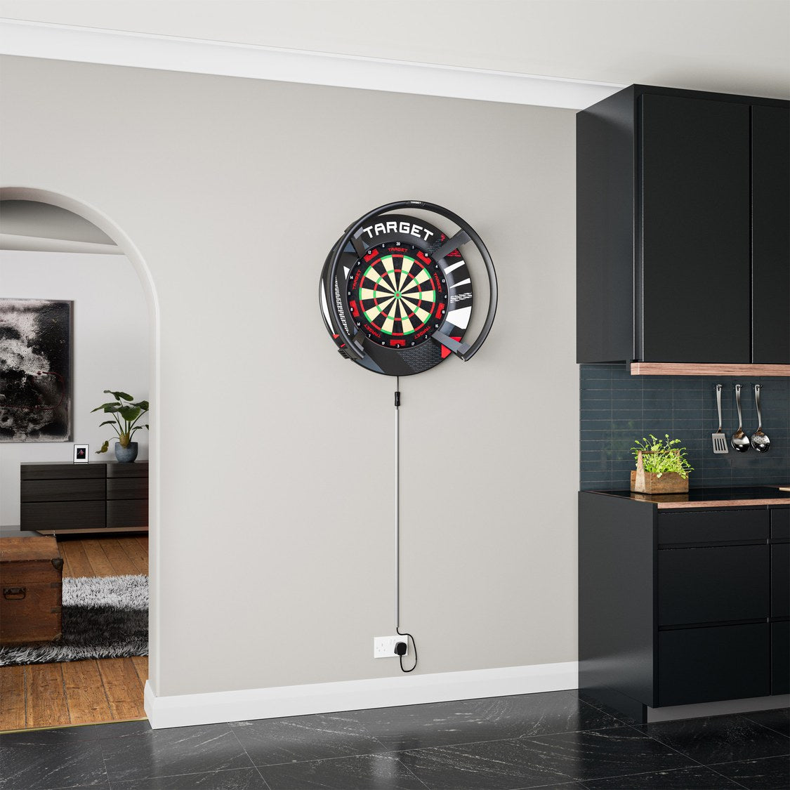 Target Patterned Notched Surround in black patterned in a home darts setup