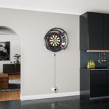 Target Patterned Notched Surround in black patterned in a home darts setup