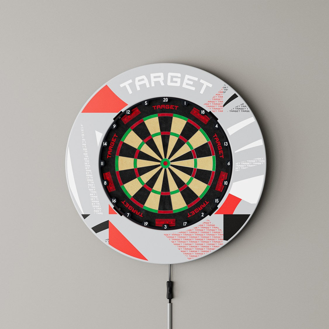 Target Patterned Notched Surround in grey patterned mounted on a wall with a dartboard