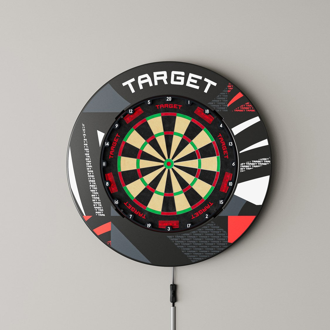 Target Patterned Notched Surround in black patterned mounted on a wall with a dartboard