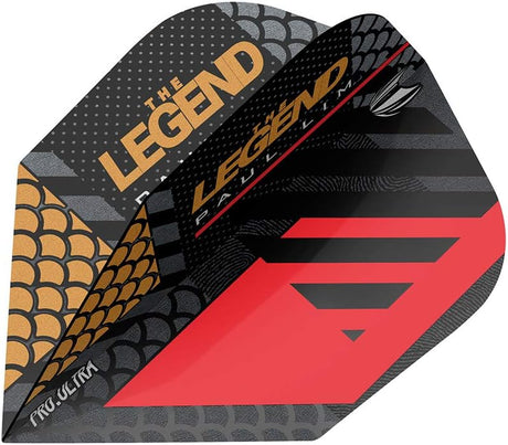 Close-up of Paul Lim G3 Pro Ultra No.6 dart flight with gold, black, and red scale pattern and reinforced textured surface