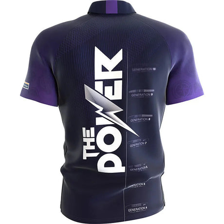 Back view of Phil Taylor 2024 darts shirt, bold The Power graphic and generational timeline, isolated on white background