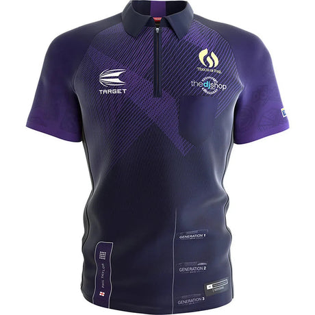 Front view of Phil Taylor 2024 darts playing shirt with sponsor logos, zip collar, and geometric purple design on white background