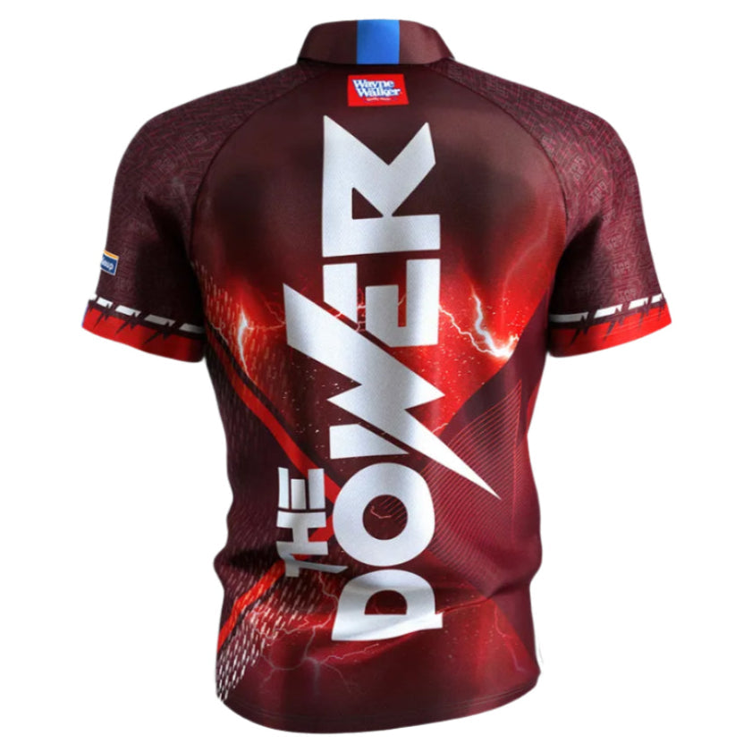 Back view of Phil Taylor 2025 darts shirt featuring lightning graphics and large 'The Power' text, isolated on white background