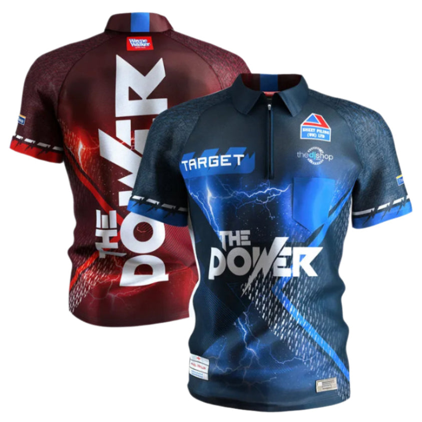 Front and back of Phil Taylor 2025 darts shirts with lightning and bold 'The Power' graphics, full product view on white background