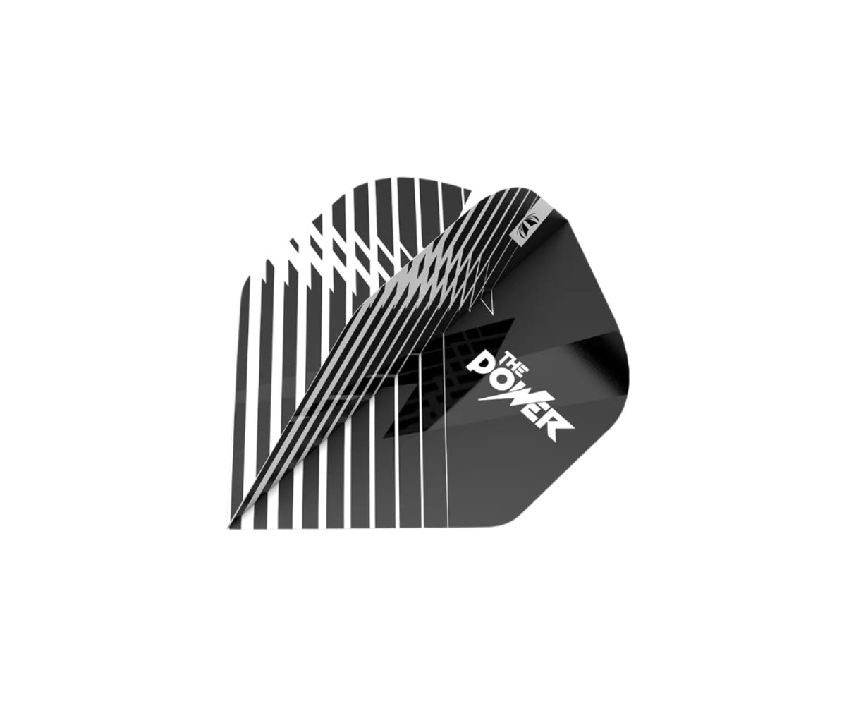 Three Phil Taylor No.2 dart flights angled and stacked, black striped design with 'The Power' text, isolated on white background