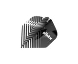 Three Phil Taylor No.2 dart flights angled and stacked, black striped design with 'The Power' text, isolated on white background