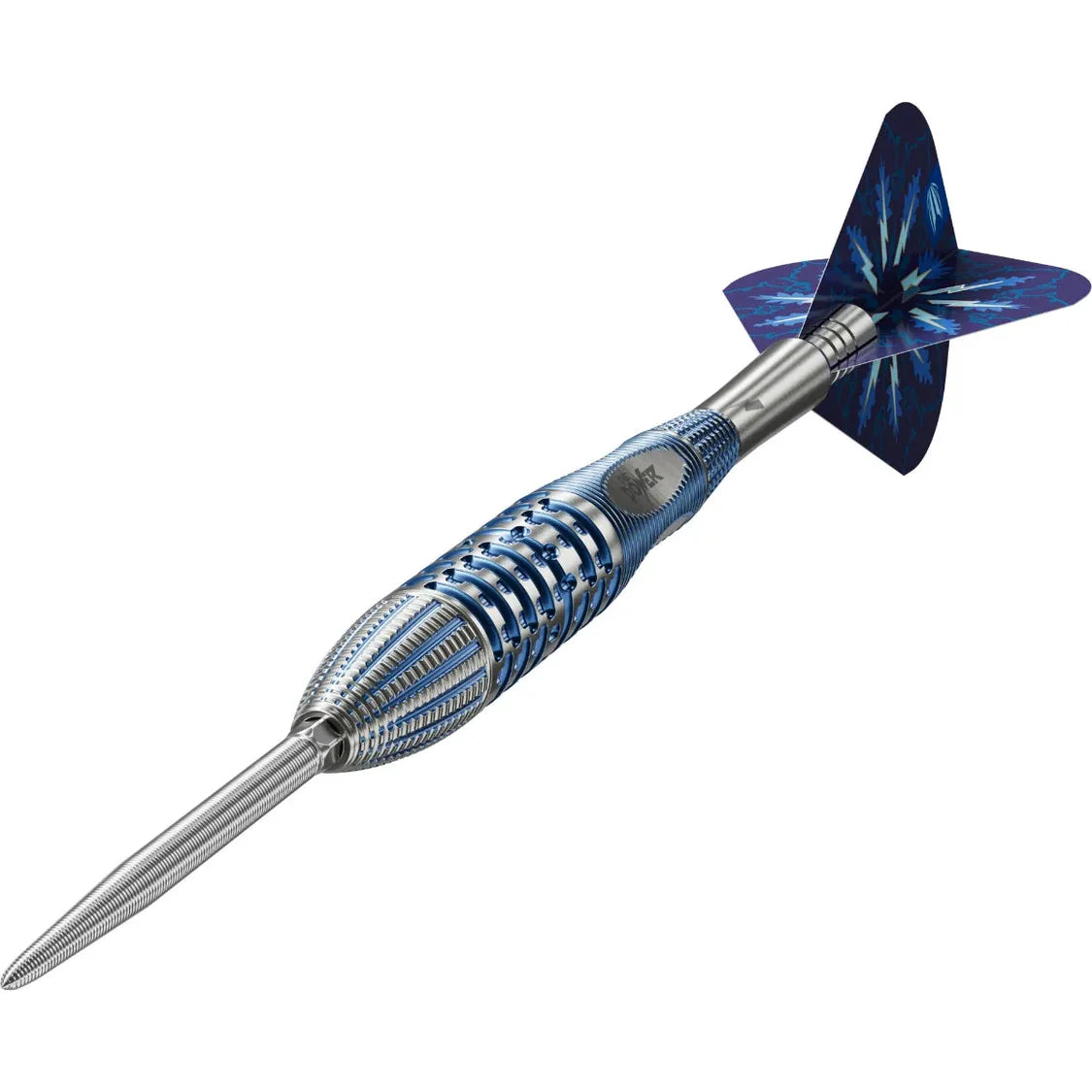 Angled view of 95% tungsten dart with blue ringed barrel grip and patterned flight, isolated on white background