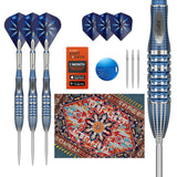 Flat lay of Phil Taylor Gx2 tungsten darts set with blue flights, close-up barrel grip, extra tips, flights, and accessories for dart players