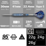 Side view of Gx2 tungsten dart with blue radial grooved grip, technical specs, shaft and Vapor S flight, showing point, barrel, shaft lengths and weight options