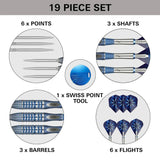 Phil Taylor Gx2 95% tungsten darts 19 piece set flat lay showing 6 points, 3 shafts, 3 barrels, 6 flights, Swiss point tool