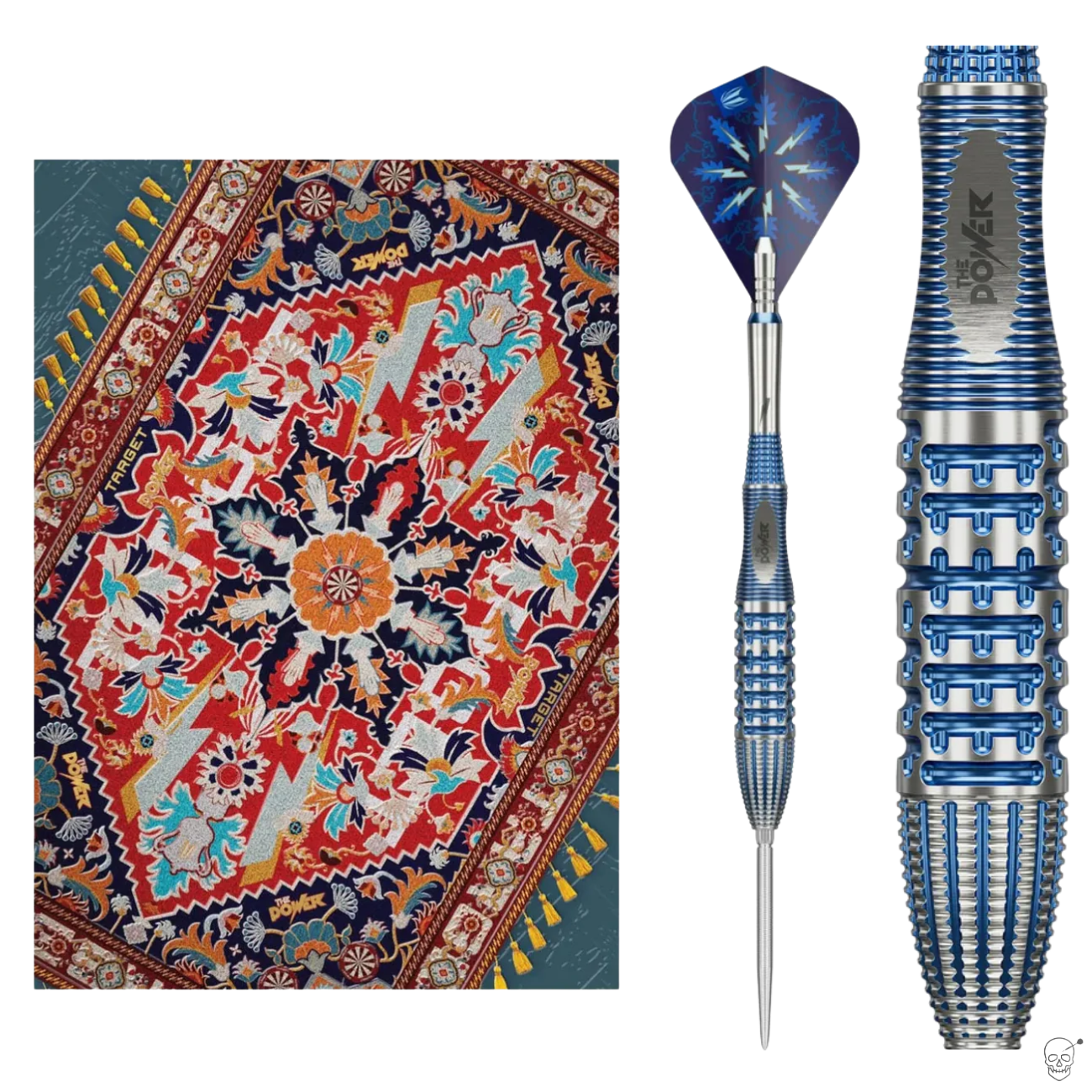 Straight-on and macro shot of Phil Taylor Gx2 tungsten dart showing precision grip texture, blue accents, and lightning flight