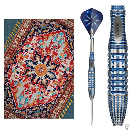 Straight-on and macro shot of Phil Taylor Gx2 tungsten dart showing precision grip texture, blue accents, and lightning flight