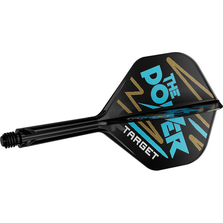 Angled close-up of single dart shaft with K-Flex No.2 flight, blue and gold graphic, isolated on white background