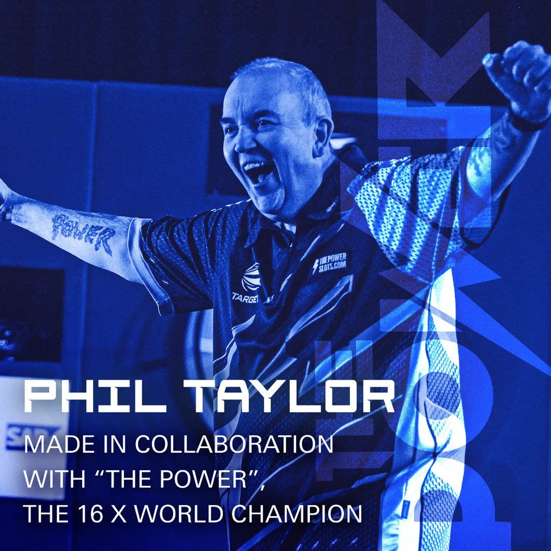 Phil Taylor lifestyle shot celebrating on stage, text highlights 16-time world champion dart player collaboration