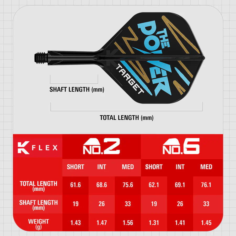 Side view dart stem and flight with shaft and total length measurements, K-Flex No.2 specs chart for lengths and weights