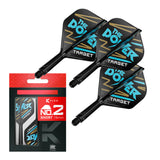 Phil Taylor K-Flex No.2 dart flights and shafts short 19mm shown arranged fan-like with retail packaging, black and gold flight design.