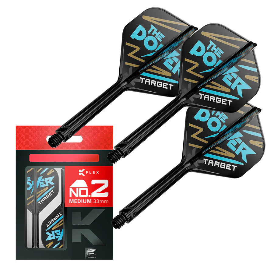 Angled view of three K-Flex No.2 dart shafts with graphic flights plus retail packaging, showcasing medium 33mm stem and flight design