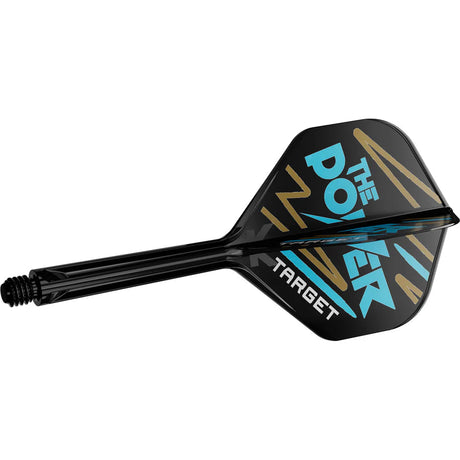 Angled close-up of Phil Taylor K-Flex No.2 dart shaft and flight, black with blue and gold design, isolated on white background
