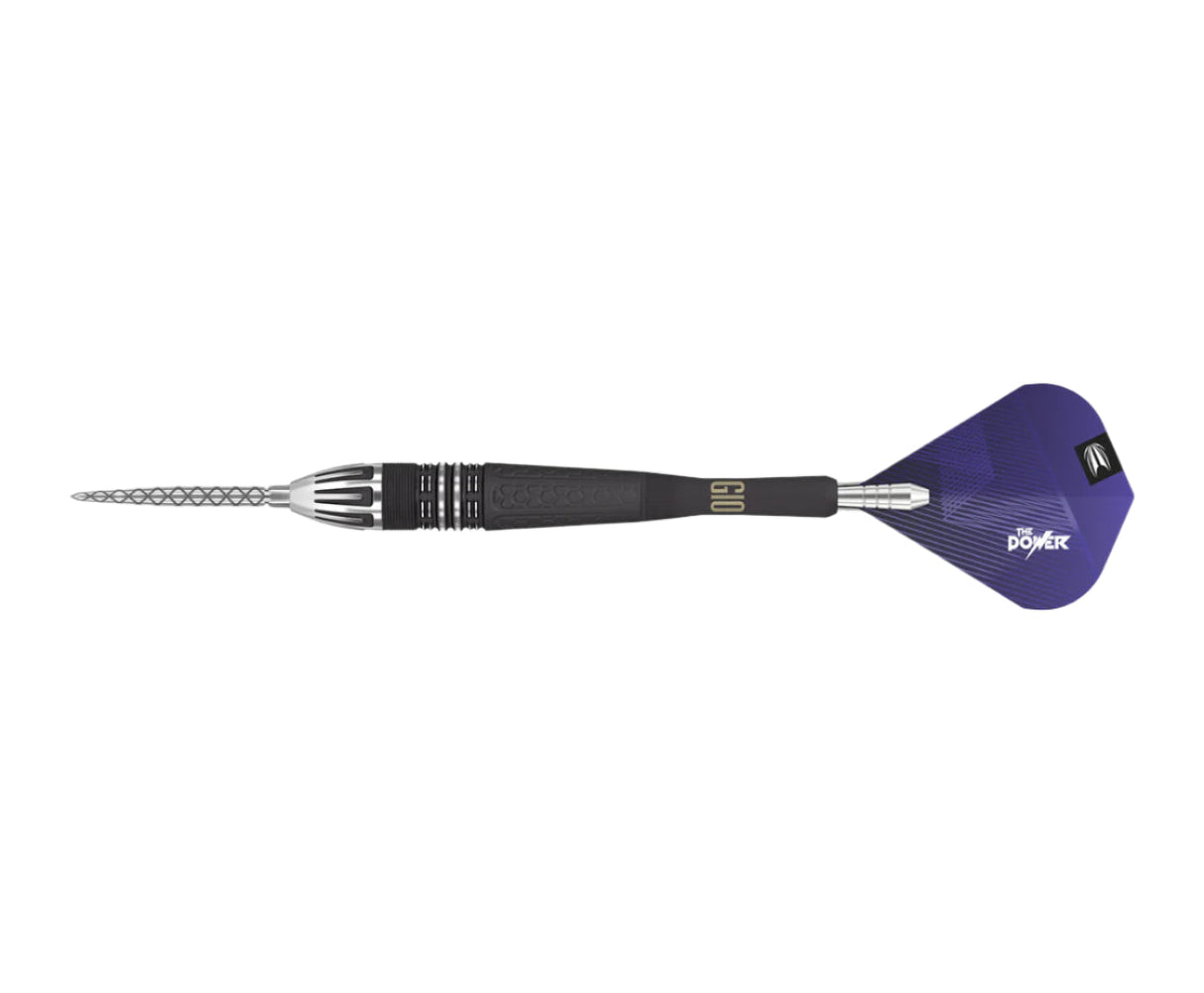 Full view tungsten dart on white background, highlighting precision grip, detailed barrel rings, black shaft, and purple flight design