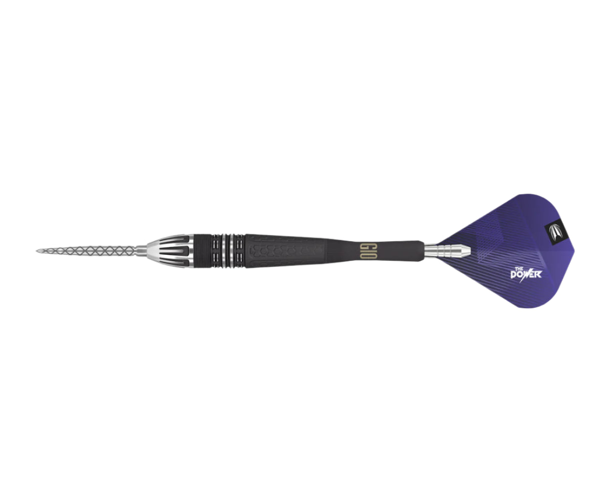 Full view tungsten dart on white background, highlighting precision grip, detailed barrel rings, black shaft, and purple flight design