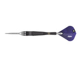 Full view tungsten dart on white background, highlighting precision grip, detailed barrel rings, black shaft, and purple flight design