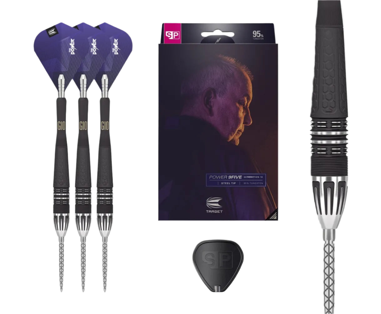 Phil Taylor Power 9FIVE G10 tungsten darts set with angled dart view, packaging, detailed barrel close-up, and included accessories