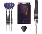 Phil Taylor Power 9FIVE G10 tungsten darts set with angled dart view, packaging, detailed barrel close-up, and included accessories