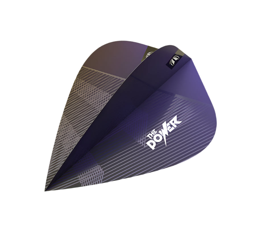 Close-up angled view of Phil Taylor Power 9FIVE G10 dart flight with purple pattern and The Power logo, isolated on white