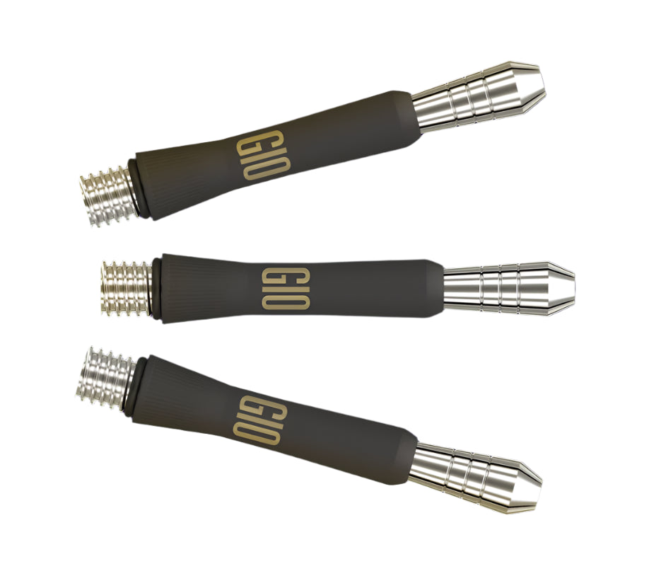side view of three G10 tungsten dart barrels with ringed grip and gold logo, isolated on white background