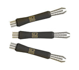 side view of three G10 tungsten dart barrels with ringed grip and gold logo, isolated on white background