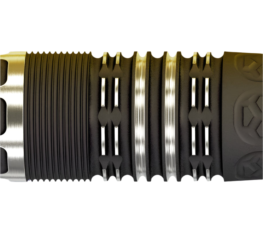 Macro close-up of Phil Taylor Power 9FIVE G10 dart barrel grip showing precision grooves and tungsten ringed texture
