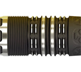 Macro close-up of Phil Taylor Power 9FIVE G10 dart barrel grip showing precision grooves and tungsten ringed texture