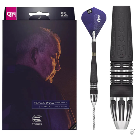 Steel tip tungsten dart shown next to product box and enlarged grip detail, highlighting barrel rings and textured black shaft.