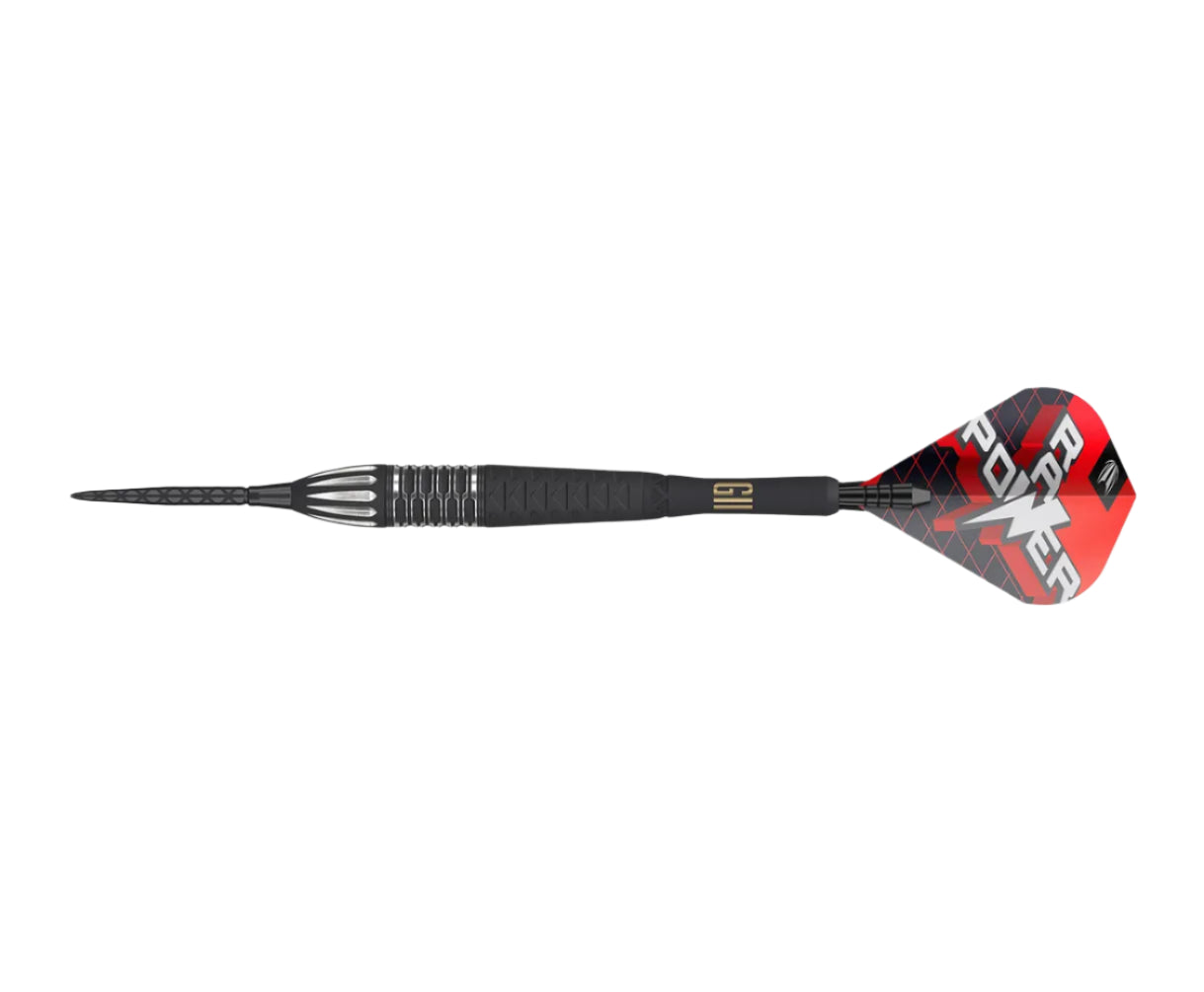 Single tungsten dart shown side-on on white background, highlighting detailed barrel grip, black point, and G11 red Power flight design