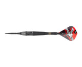 Single tungsten dart shown side-on on white background, highlighting detailed barrel grip, black point, and G11 red Power flight design